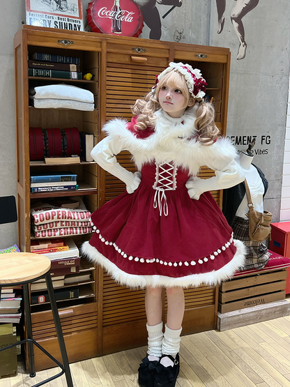 Accents Jumper Skirt with Lolita Self-tie Bow Wine Shoulder Sweet Detachable Straps Christmas Red