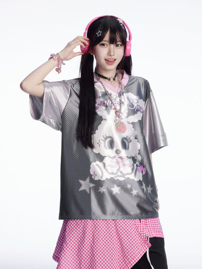 愛らしいウサギのプリント、白黒Vネック水玉Tシャツ