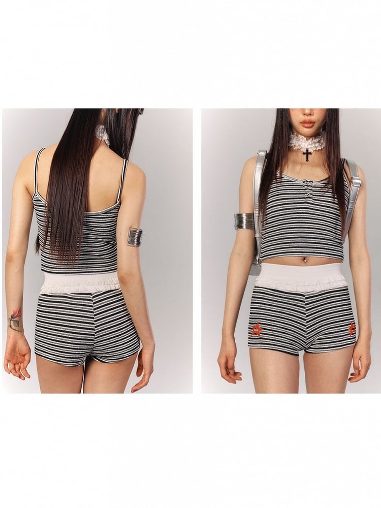 Black Shorts Ruffled Waist Embroidery Striped Red Star White with