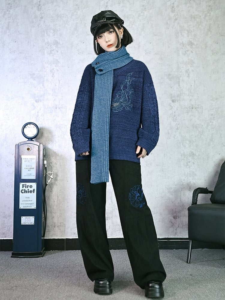 Scarf with Set Embroidery Gothic Goldfish Sweater V-Neck Blue