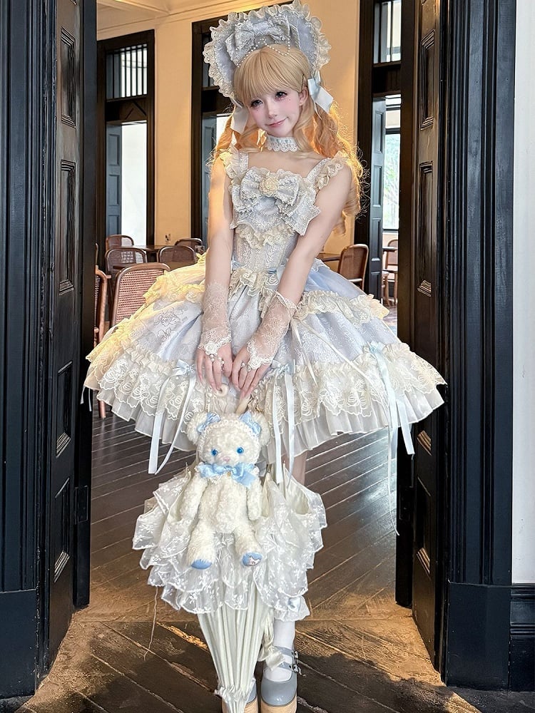 Lolita Kleid Pullover Stoff Jacquard Schleife Rock Süße blaue Akzente