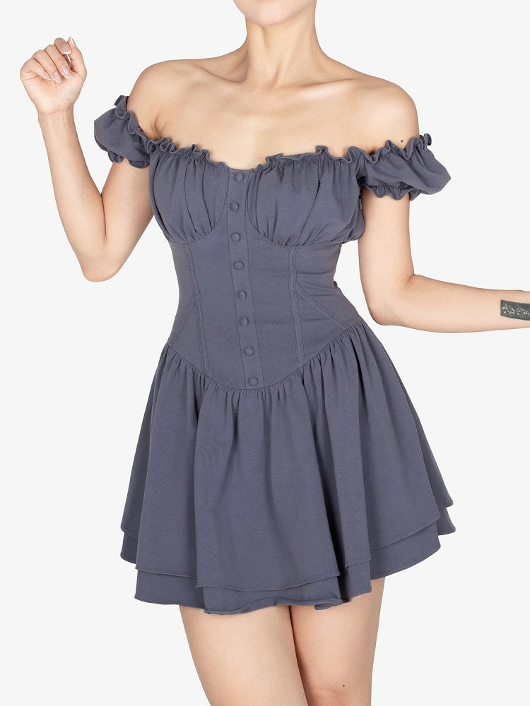 Dusty Blue Ruffled Off-the-shoulder Neckline Short Puff Sleeves Mini Dress