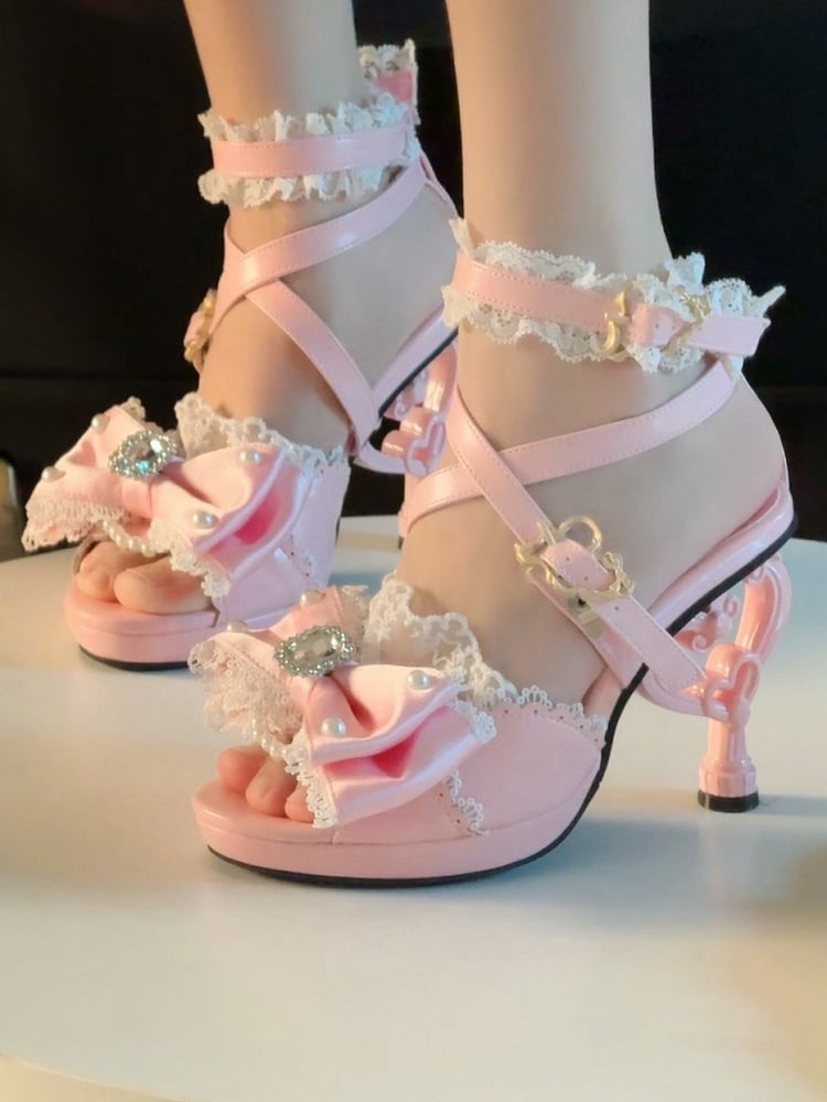 Top bei Hime High Heels Gyaru Schuhe Rosa Magische Schleife Herzförmige Mädchen Sandalen