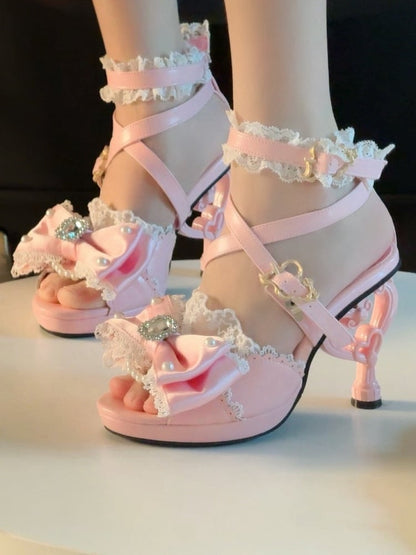 Herzförmige Mädchen High Top Sandalen bei Hime Magical Pink Gyaru Heels Schuhe Bow