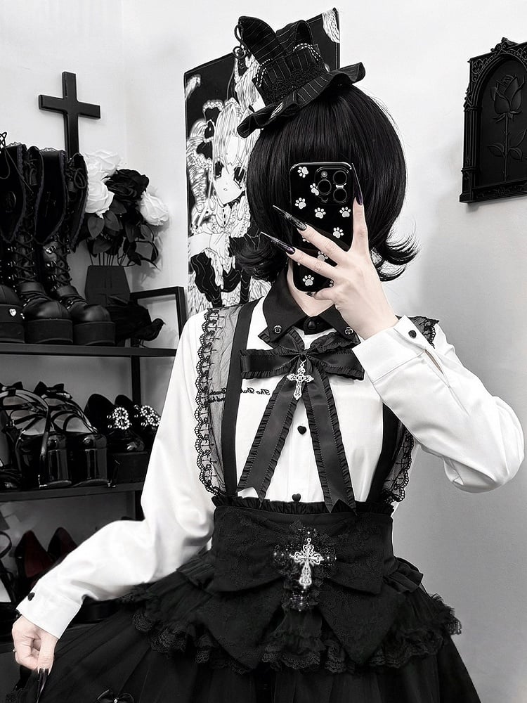 Shirt Black Bow with Tie Jirai White Kei Embroidery Cross Letter