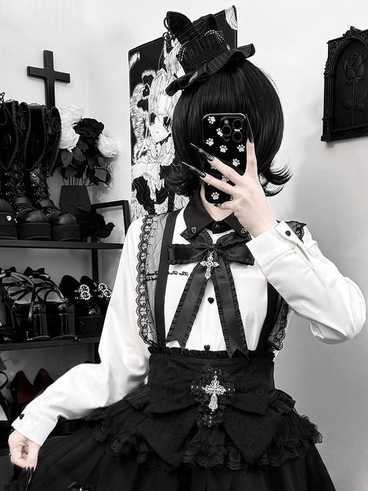 Shirt Black Bow with Tie Jirai White Kei Embroidery Cross Letter