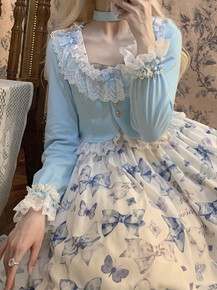 with Cropped Lace Autumn Baby Lolita Blue Cardigan Bow and Accents Trim
