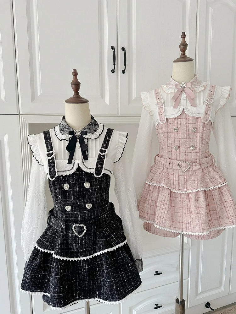 Tweed Jirai Dress Beaded Set: Heart Clasps Strap Overall Black Kei