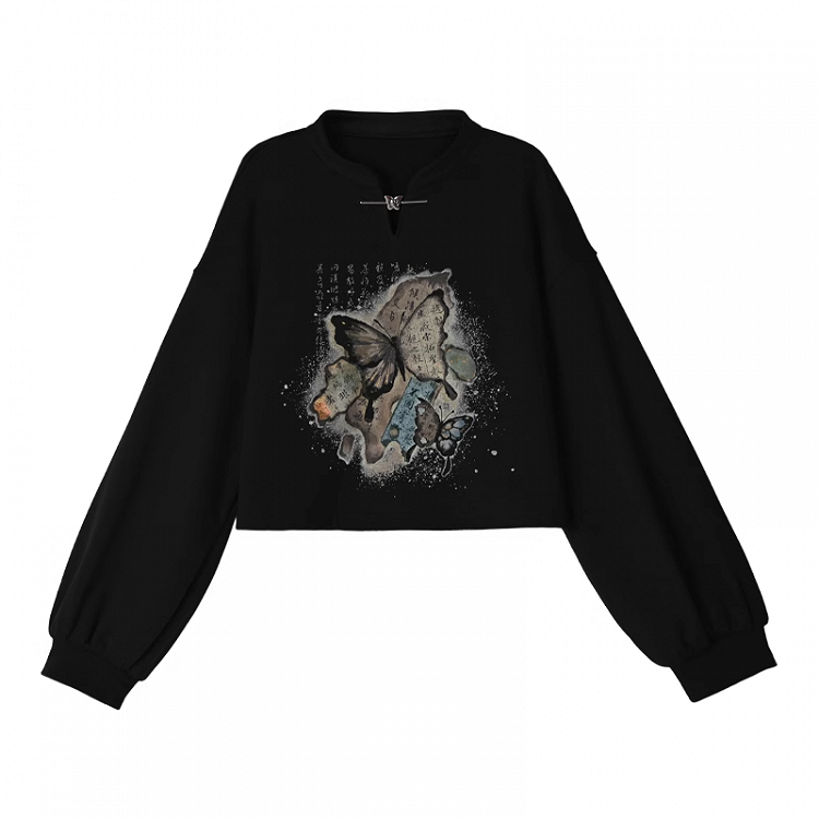 Gebänderter Sweatshirtkragen Schmetterlingsstil Cheongsam-Druck Schwarz/Apricot