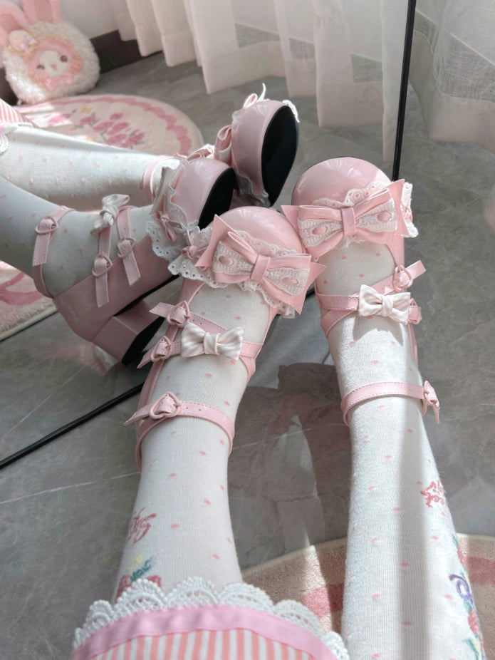 Heels Sweet Lolita PU Pink - Sakura Mid Leather with Crisscross