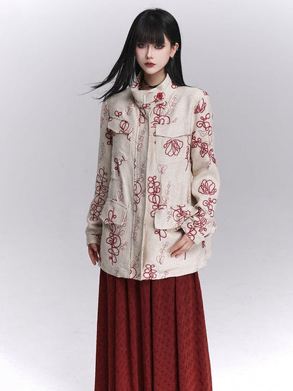 Rot Apricot Stickerei Trenchcoat Klappe Floral Leinen Taschen mit Vier