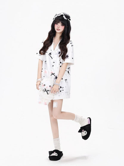 White Daily Kawaii Bunny Print Loungewear Set Short Sleeve Top Shorts - CRAZY GIRL