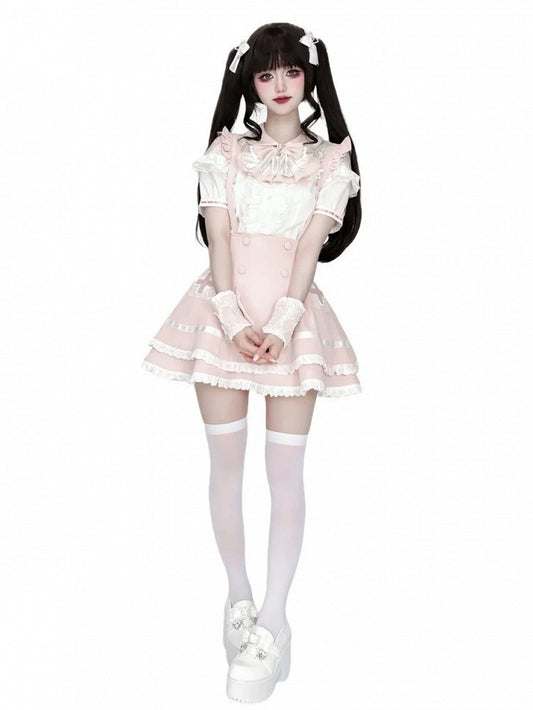 Pink Lace Blouse Skirt Set with Straps & Bow Tie - Shi Zhai Xin