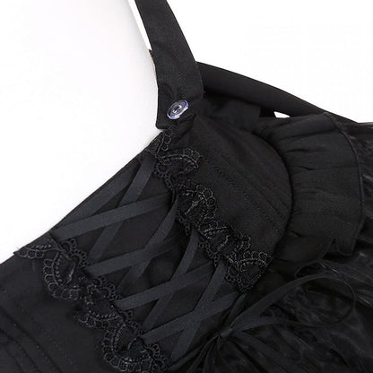 Jirai Kei – Schwarzes Tüllrock-Overallkleid mit Schnürung und hoher Taille, Landmine