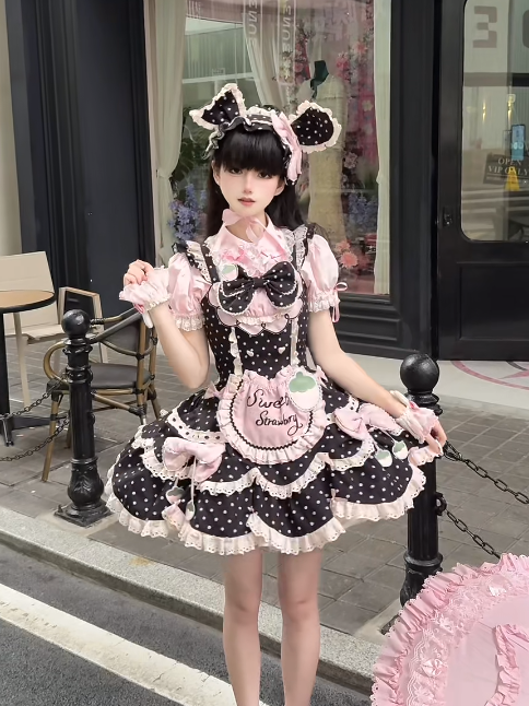 and Pink Polka with Dot Strawberry Adorable Lolita Details Dress JSK Black Themed Lace Bow
