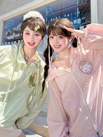 レース ゆめかわいい ピンク ストロベリーアップリケ ジャケット 蝶結び 日焼け防止 フード付き