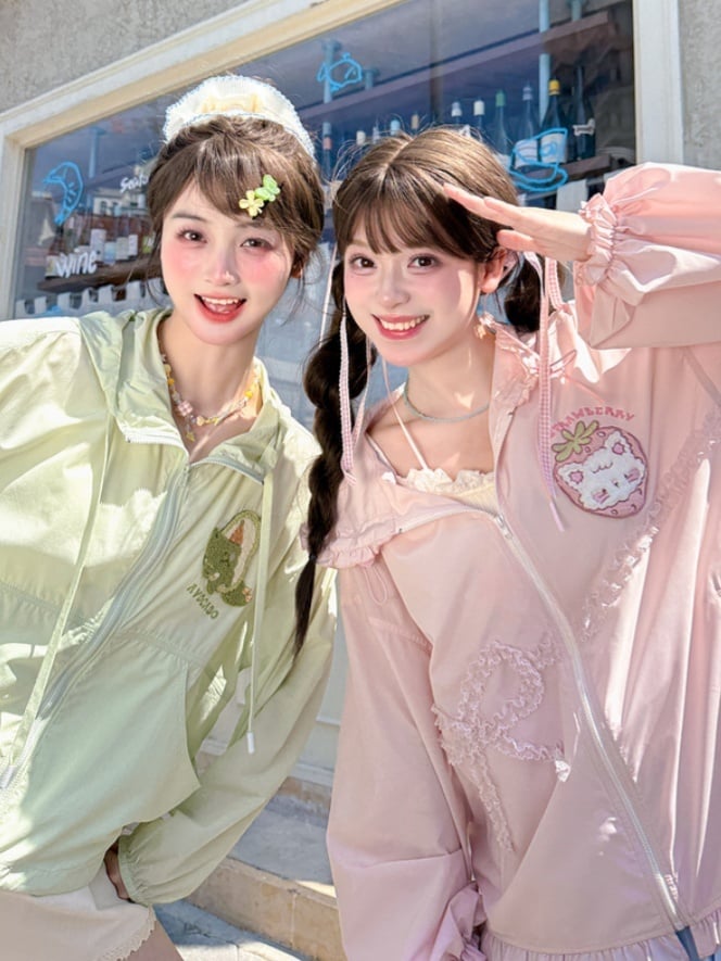 ジャケット 日焼け止め フード付き ゆめかわいい ライトグリーン アボカドアップリケ