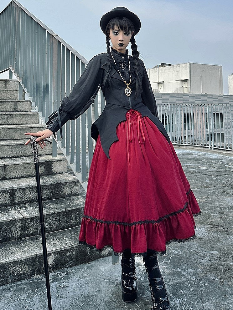 Red Boned High Waist Elegant Classic Lolita Skirt with Lace Trim