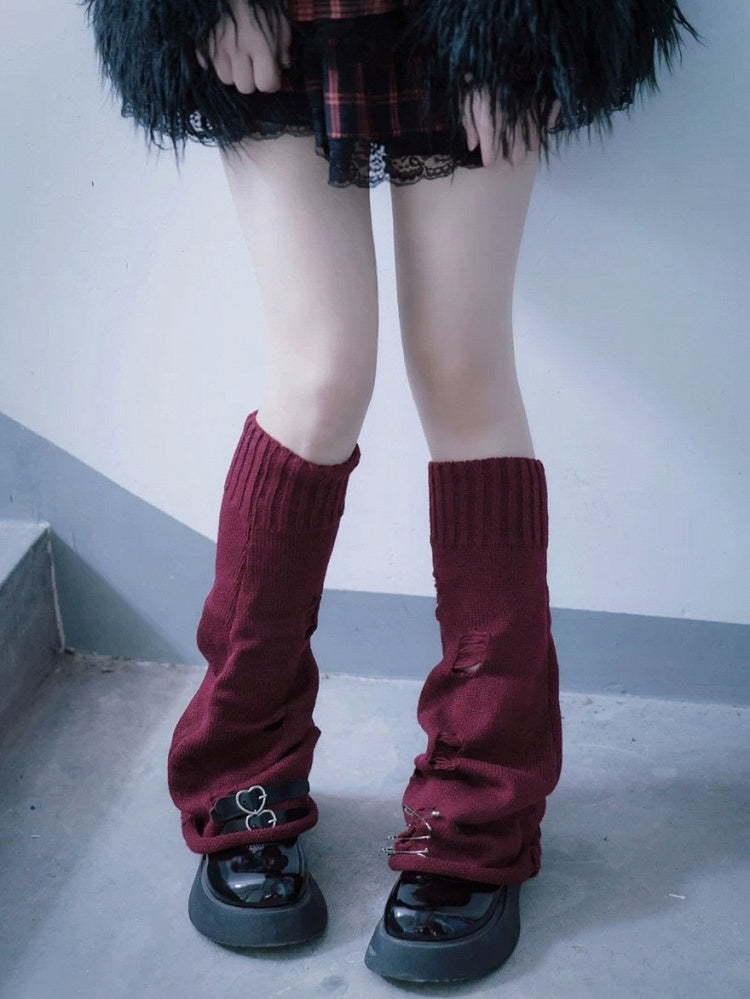 Dark Red Punk Ribbed Leg Warmers with Metal Buckle - Strange Sugar