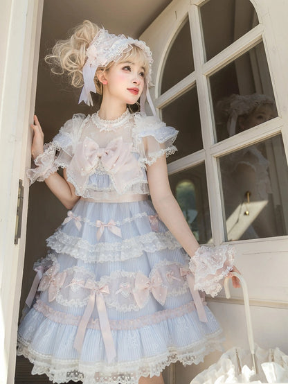 ストライプのリボン柄のスイートな装飾のドレス ロリータ ブルー ピンク