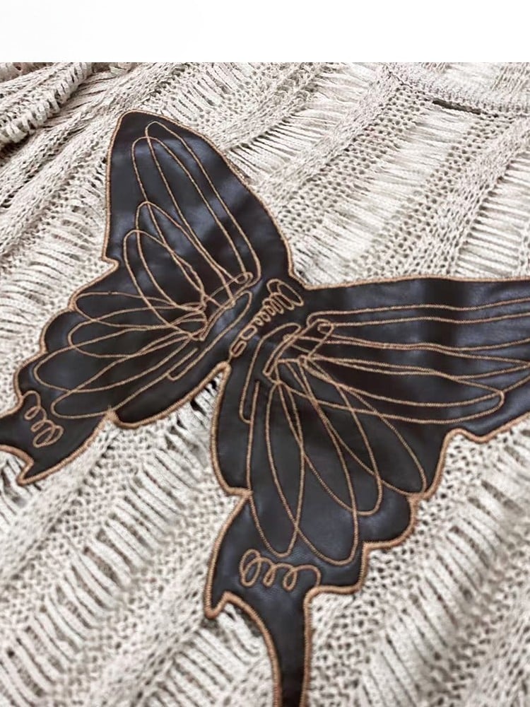 カットアウトバタフライファッションディテールカーキミラードアップリケトップ