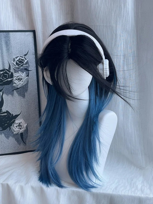 with Wig Curtain Bangs Blue Style Ombre Black Straight 65CM Ouji