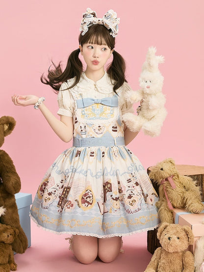 Alice in Wonderland Bunny Print Sweet Lolita Overall Dress