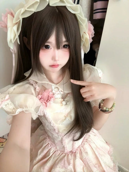 and Ruffles Pink Lace Jumper with Princess Layered Floral-Print Trimmings Lolita Skirt