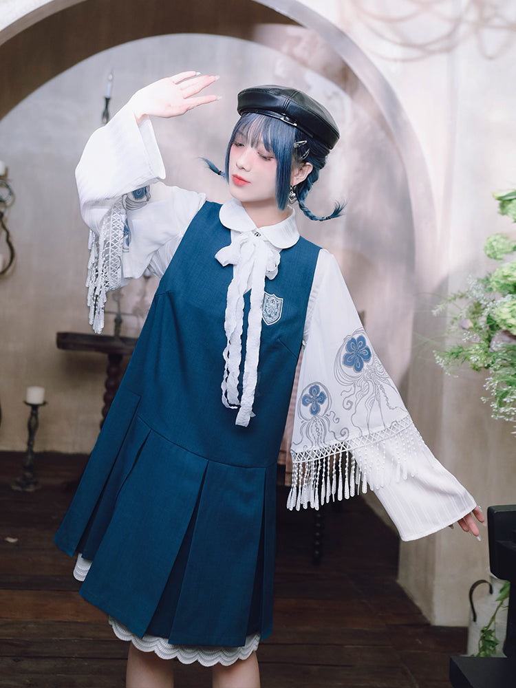 White Peter Pan Collar Bell-Sleeve Shirt with Jellyfish Print & Ribbons - Quirky Hut