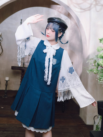 White Peter Pan Collar Bell-Sleeve Shirt with Jellyfish Print & Ribbons - Quirky Hut