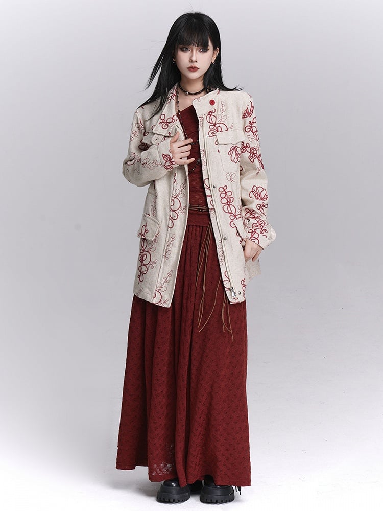 Rot Apricot Stickerei Trenchcoat Klappe Floral Leinen Taschen mit Vier