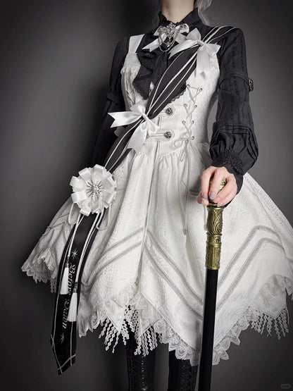 Hem Details with Dress Handkerchief White Zipper Military Jacquard Corset Lolita