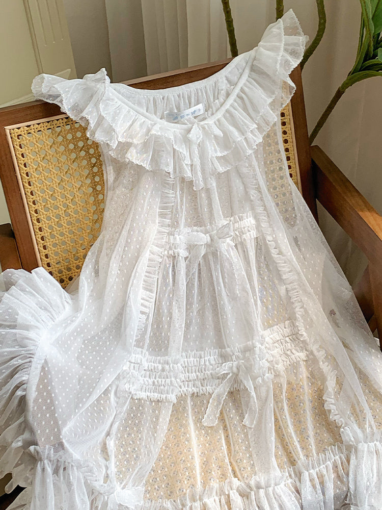 White Tulle Trim and Bow House Overdress Ruffle Pink Details Style Dots