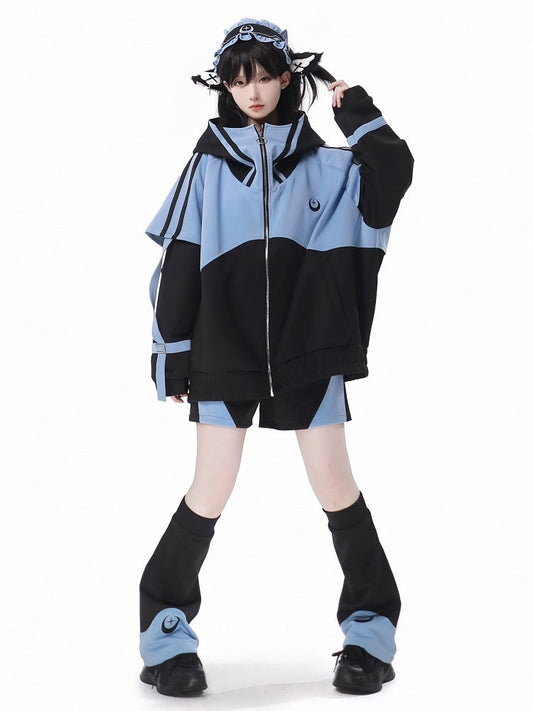 and Kei Sweatershirt Front Black Blue Up Long Sleeves Jirai Zip Jacket