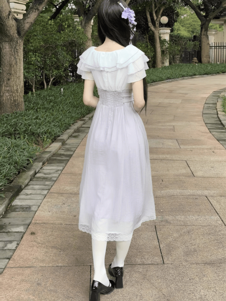 Hem Neckline Long with Version Dress Bowtie Jirai Kei Lavender Heart Buckles Waist Tiered Flounce