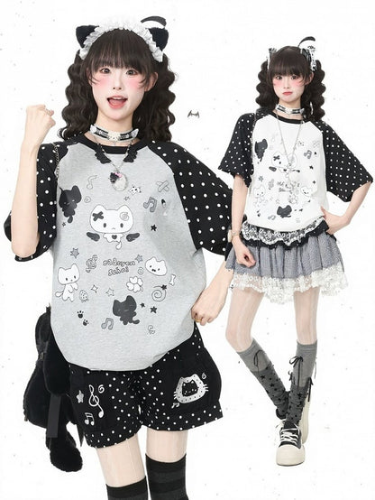 Grey Crew Neck Short Sleeve T-shirt with Kitten & Polka Dot - Languid Park