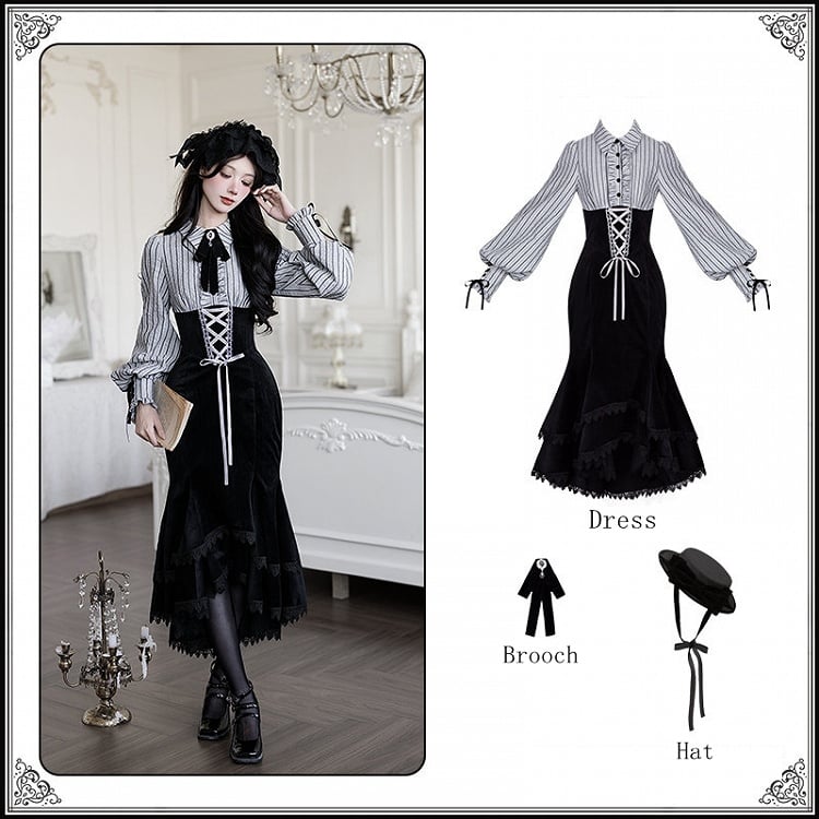 Bow Dress Fake + Black Brooch Design Lolita Striped Waist Two Boned Hat Pieces Mermaid