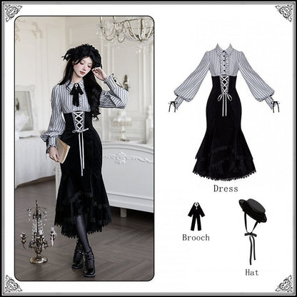 Bow Dress Fake + Black Brooch Design Lolita Striped Waist Two Boned Hat Pieces Mermaid