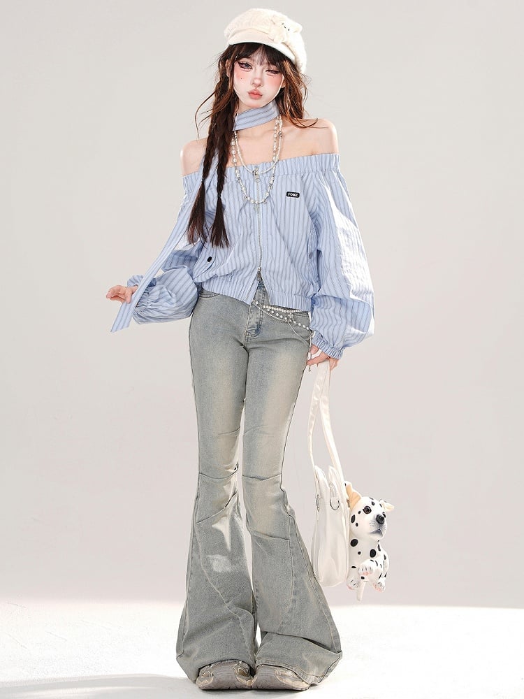 Pink/Blue Off-the-shoulder Neckline Striped Zip Closure Top with Free Scarf