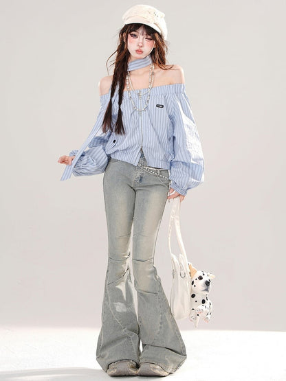 Pink/Blue Off-the-shoulder Neckline Striped Zip Closure Top with Free Scarf