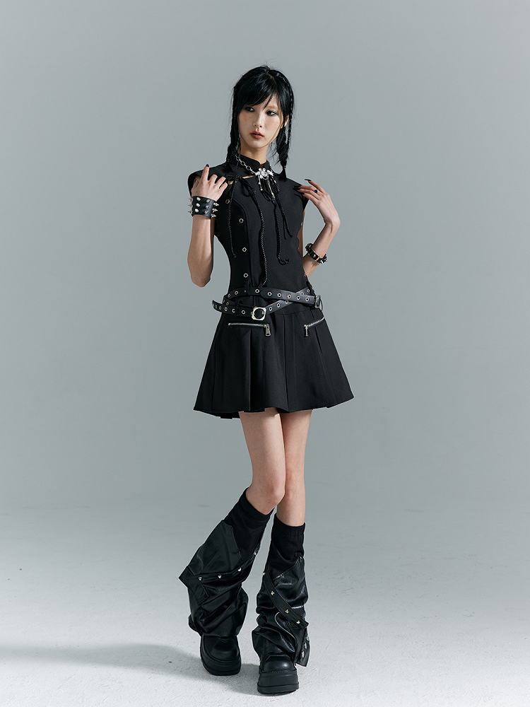 Metal Accents Black Cheongsam A-line Punk Dress With Cutout