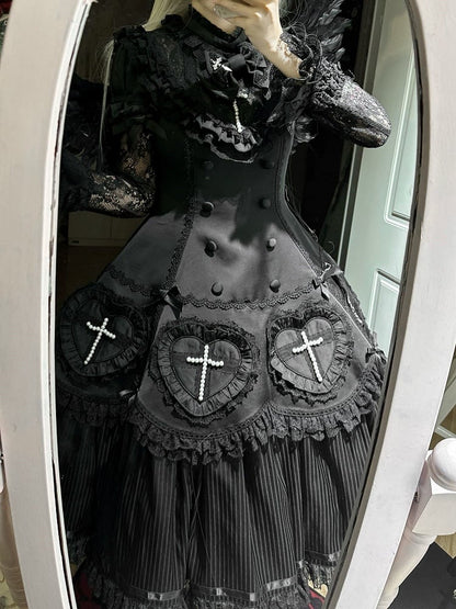 Decoration Ruffle Cross Beaded Lolita Hem Detail with Dress Lace Black and Gothic