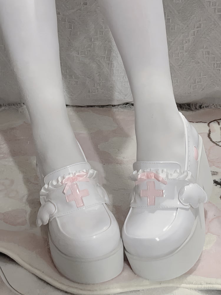 ジライケイ ピンク ヤミ カワイイ クロス ボウノット プラットフォーム ローファー