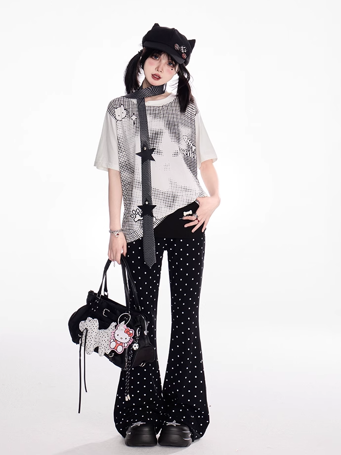 Dot T-shirt Entzückende Cartoon Druck Weiß Rundhals Polka