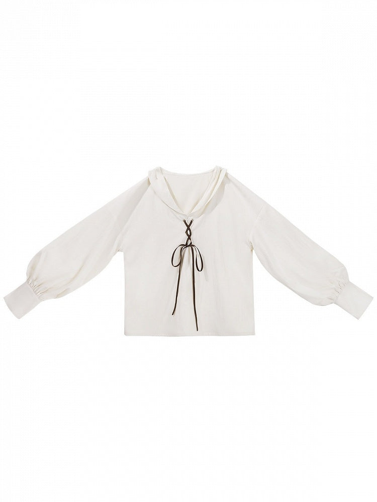 White Long Sleeve Lolita Blouse with Lace-Up Front - Xiong Dou Jiang