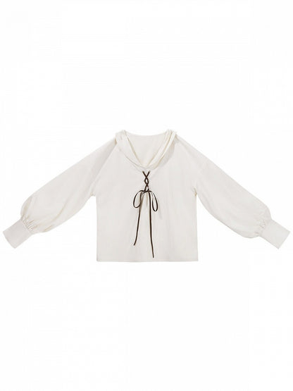White Long Sleeve Lolita Blouse with Lace-Up Front - Xiong Dou Jiang