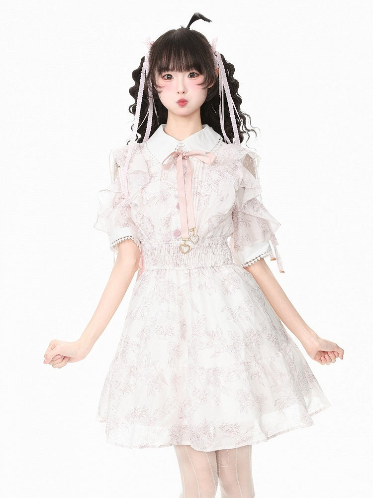 Light Pink Mesh Shoulder Cut-Out Dress with Ruffle Trim