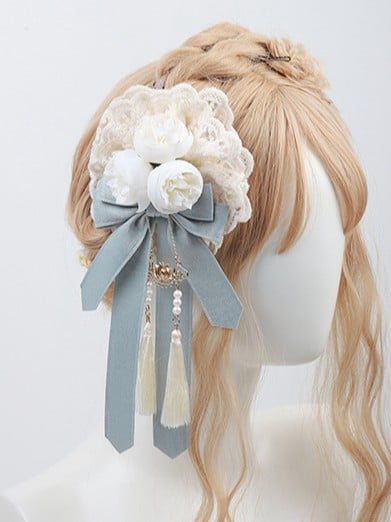 Tassel Dusty Green/Dusty Lace Flower Bowknot Lolita Blue Brooch/Hairclip