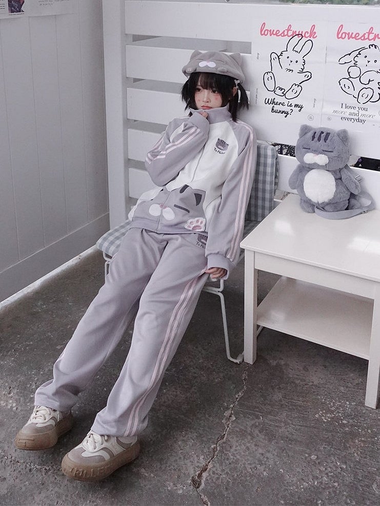Elastic Waistband Kawaii with Grey Pants Embroidery Cat