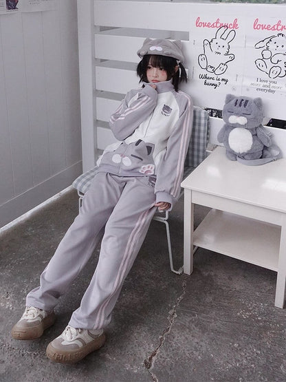 Elastic Waistband Kawaii with Grey Pants Embroidery Cat